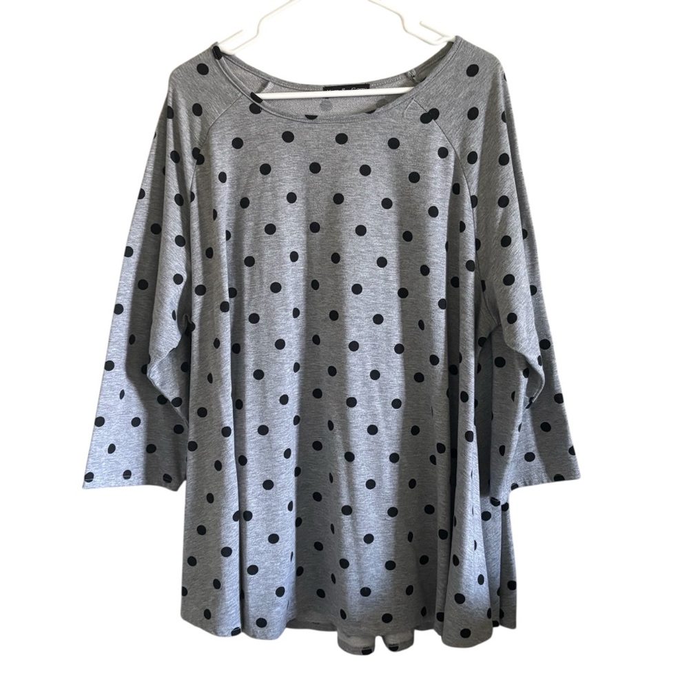 Kim & Cami Gray Top with Black Polka Dots 3X EUC